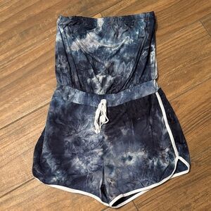 Stella Tweed Tie-Dye Navy Strapless Romper with Drawstring